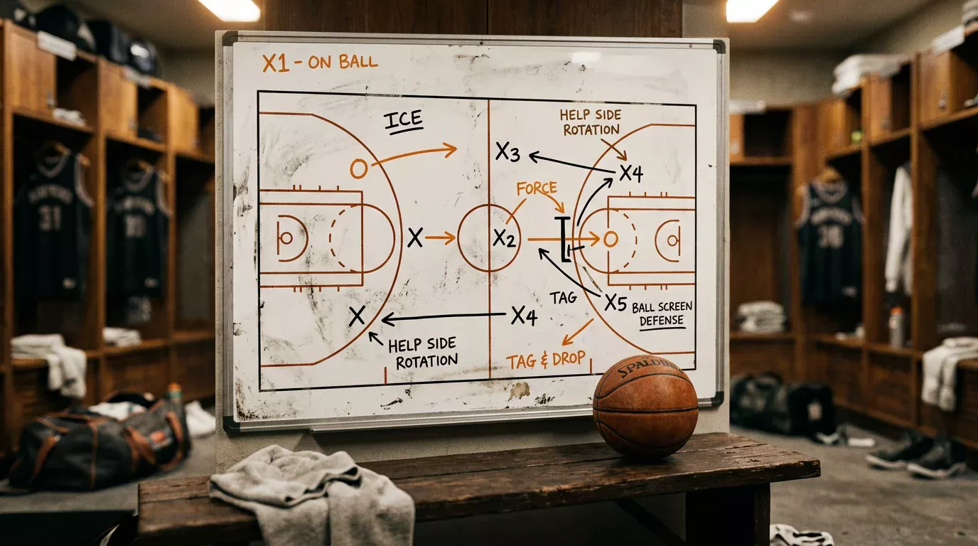 Pizarra táctica con análisis de matchup defensivo en baloncesto NBA